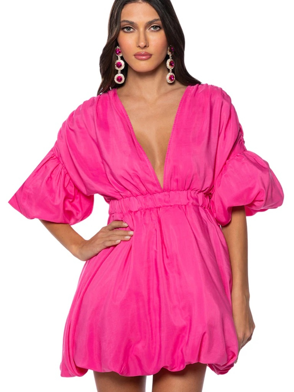 PrettyLittleThing Hot Pink V-Neck Mini Dress with Puff Sleeves